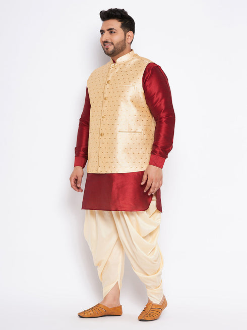 Jashvi Men's Plus Size Gold Zari Weaved Nehru Jacket With Curved Kurta Dhoti set